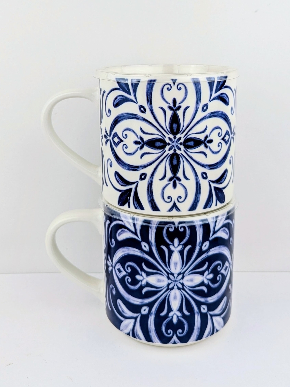 Blue and White Grecian Tiles Ceramic Patterned Mugs — Set of 2 Stackable